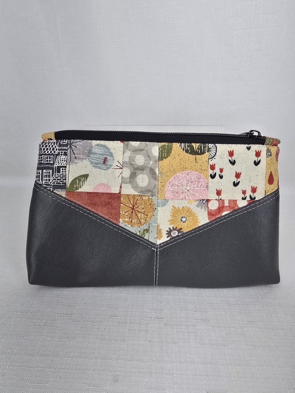 Black Faux Leather Cosmetic Pouch with Colorful Patchwork Panel